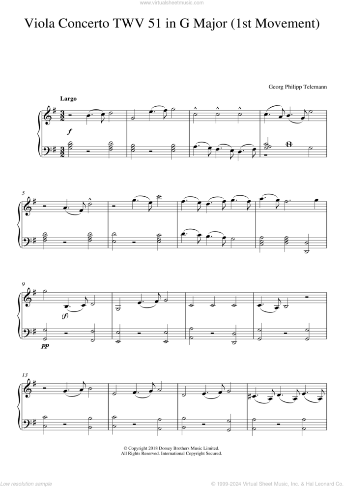 Viola Concerto TWV 51 In G Major (1st Movement) sheet music for piano solo by Georg Philipp Telemann, classical score, intermediate skill level