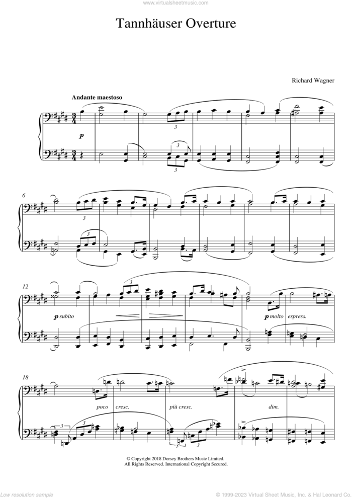 Tannhauser Overture sheet music for piano solo by Richard Wagner, classical score, intermediate skill level