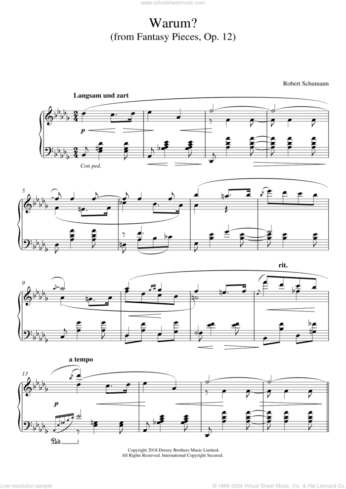 Warum? (From Fantasy Pieces Op. 12) sheet music for piano solo by Robert Schumann, classical score, intermediate skill level