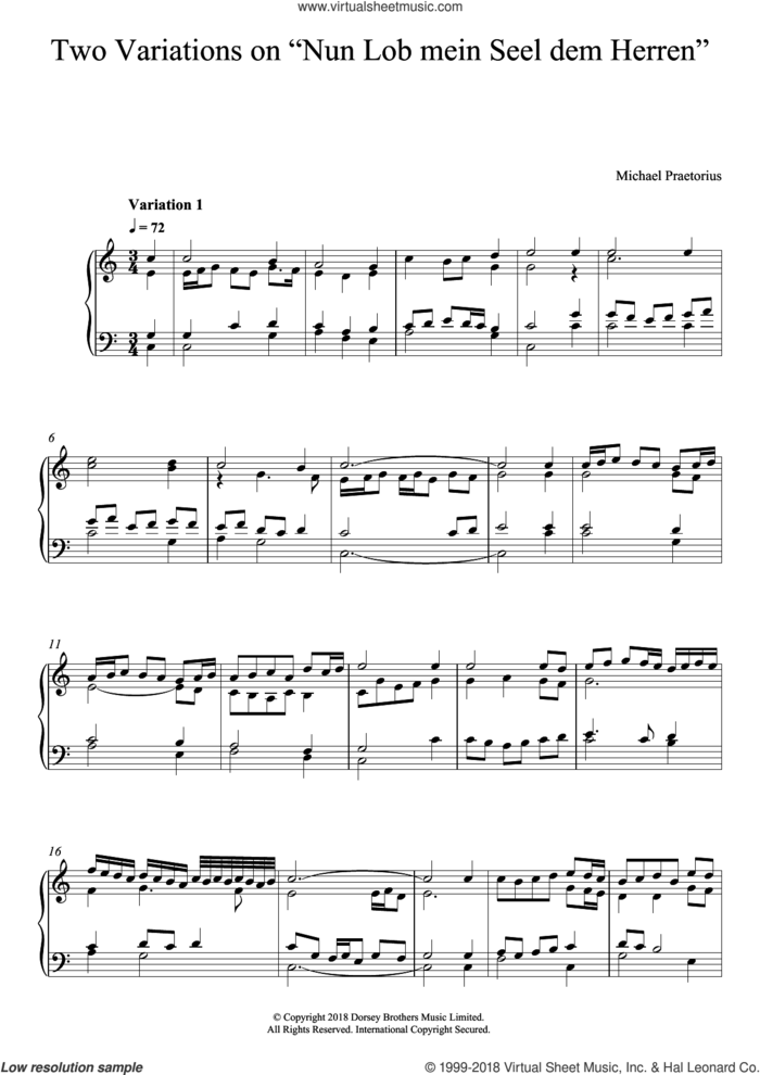 Two Variations On 'Nun Lob Mein Seel Dem Herren' sheet music for piano solo by Michael Praetorius, intermediate skill level
