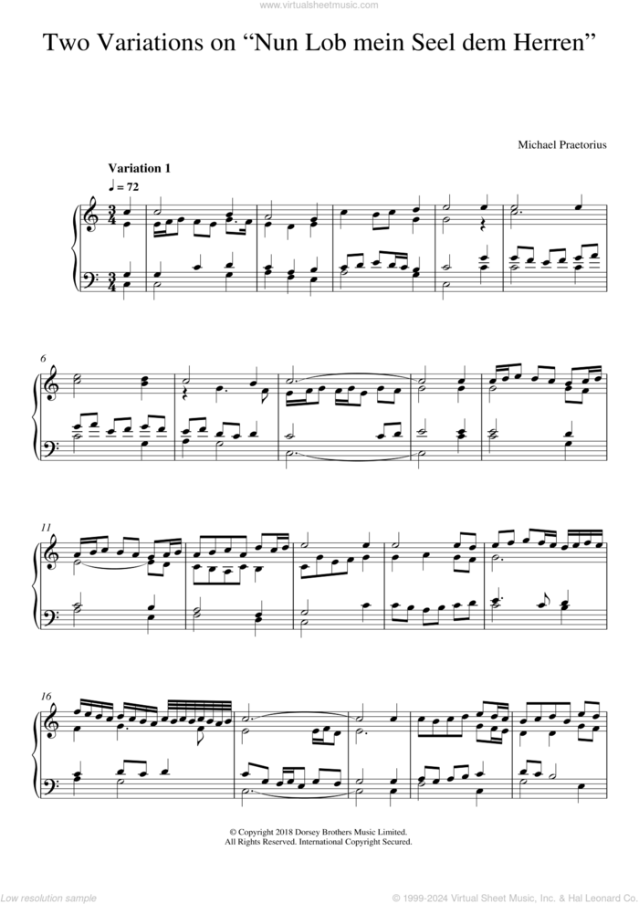 Two Variations On 'Nun Lob Mein Seel Dem Herren' sheet music for piano solo by Michael Praetorius, intermediate skill level