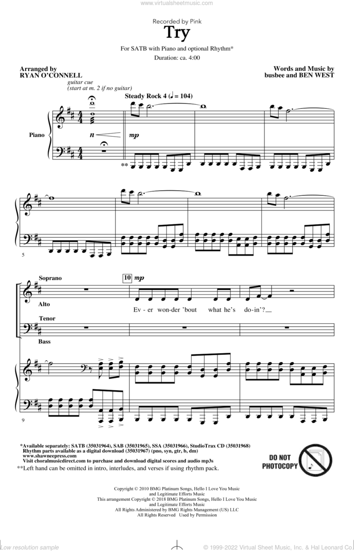 Try sheet music for choir (SATB: soprano, alto, tenor, bass) by Ryan O'Connell, Miscellaneous, Ben West and busbee, intermediate skill level