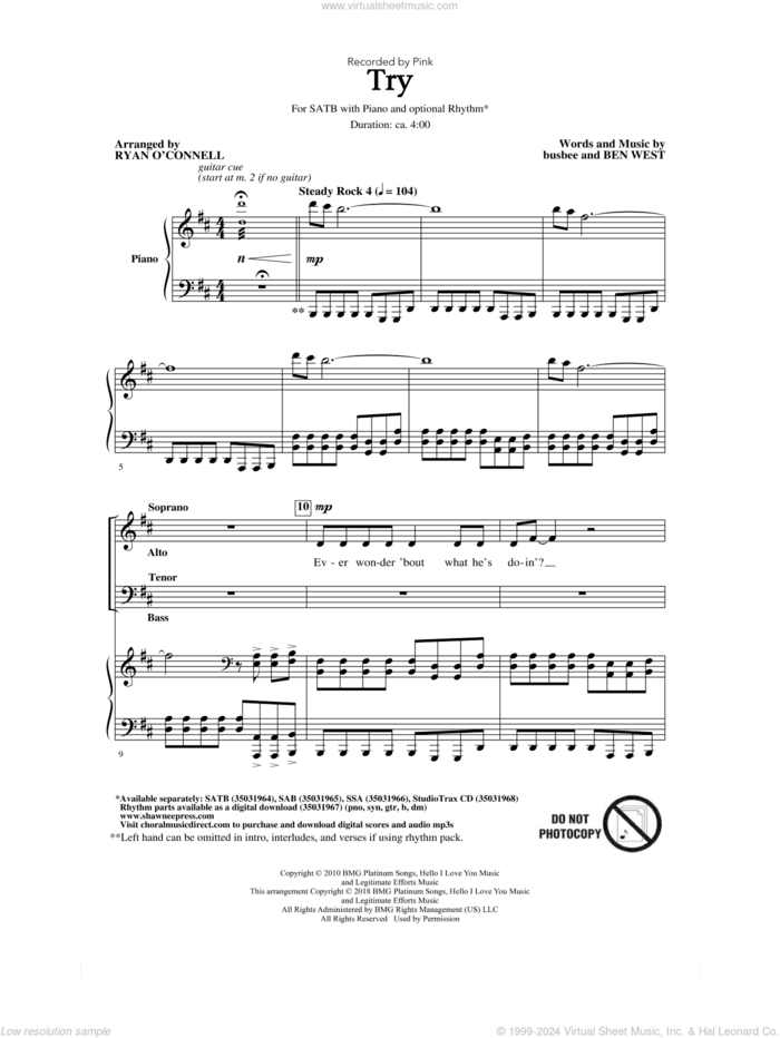 Try sheet music for choir (SATB: soprano, alto, tenor, bass) by Ryan O'Connell, Miscellaneous, P!nk, Ben West and busbee, intermediate skill level