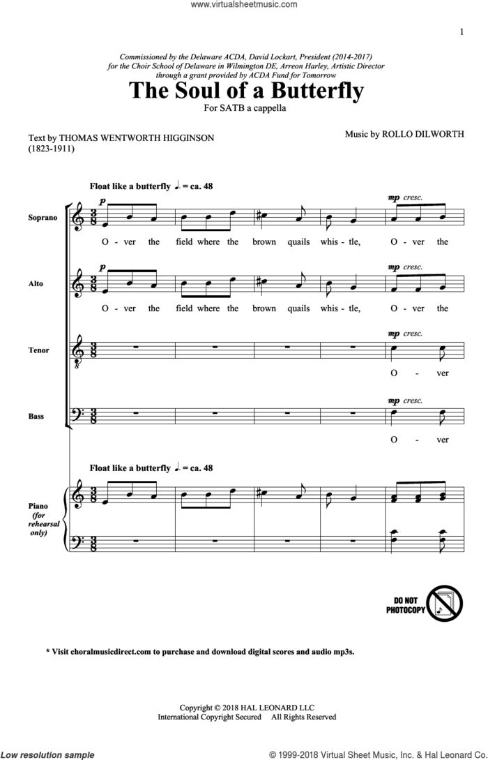 The Soul Of A Butterfly sheet music for choir (SATB: soprano, alto, tenor, bass) by Rollo Dilworth and Thomas Wentworth Higginson, intermediate skill level
