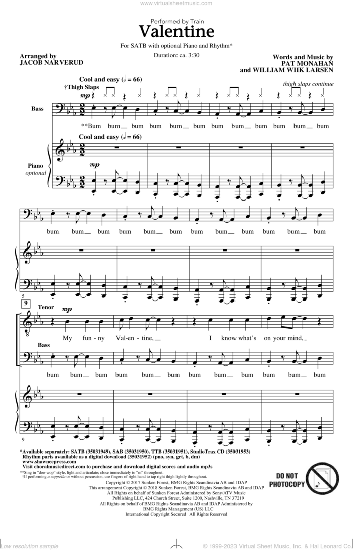 Valentine sheet music for choir (SATB: soprano, alto, tenor, bass) by Jacob Narverud, Train, Pat Monahan and William Wiik Larsen, intermediate skill level