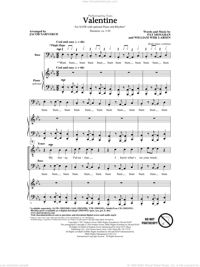 Valentine sheet music for choir (SATB: soprano, alto, tenor, bass) by Jacob Narverud, Train, Pat Monahan and William Wiik Larsen, intermediate skill level