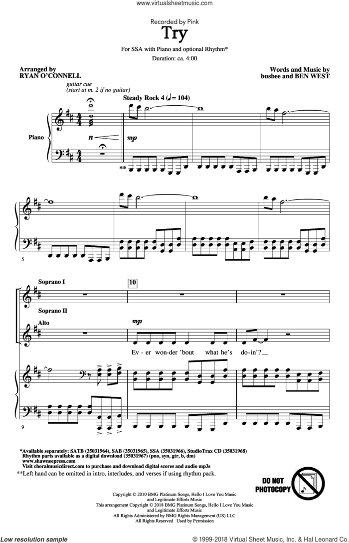 Try sheet music for choir (SSA: soprano, alto) by Ryan O'Connell, Miscellaneous, Ben West and busbee, intermediate skill level
