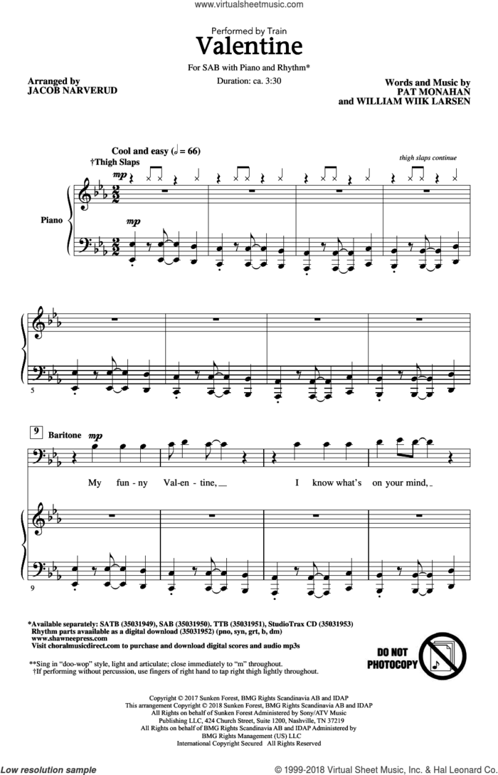 Valentine sheet music for choir (SAB: soprano, alto, bass) by Jacob Narverud, Train, Pat Monahan and William Wiik Larsen, intermediate skill level