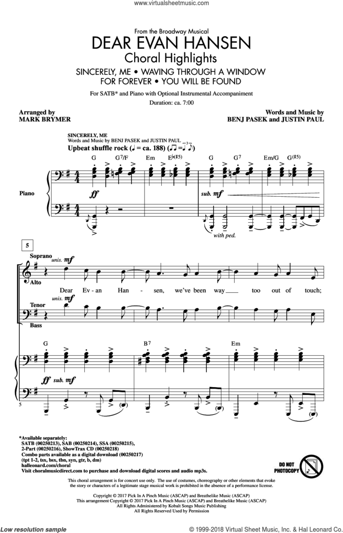 Dear Evan Hansen (Choral Highlights) sheet music for choir (SATB: soprano, alto, tenor, bass) by Mark Brymer, Pasek & Paul, Benj Pasek and Justin Paul, intermediate skill level