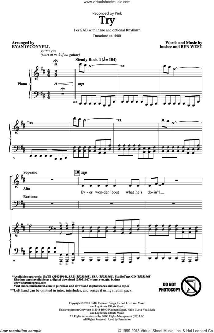 Try sheet music for choir (SAB: soprano, alto, bass) by Ryan O'Connell, Miscellaneous, Ben West and busbee, intermediate skill level