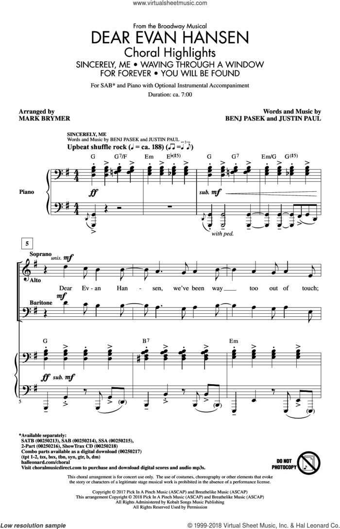 Dear Evan Hansen (Choral Highlights) sheet music for choir (SAB: soprano, alto, bass) by Mark Brymer, Pasek & Paul, Benj Pasek and Justin Paul, intermediate skill level