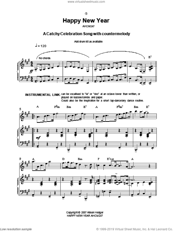 Happy New Year sheet music for voice, piano or guitar by Alison Hedger, intermediate skill level