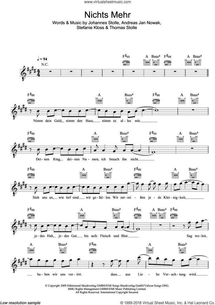 Nichts Mehr sheet music for voice and other instruments (fake book) by Silbermond, Andreas Jan Nowak, Johannes Stolle, Stefanie Kloss and Thomas Stolle, intermediate skill level