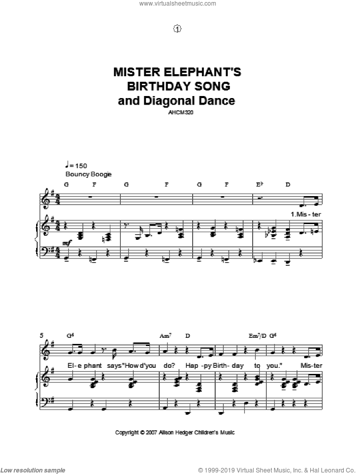 Mister Elephant's Birthday Song And Diagonal Dance sheet music for voice, piano or guitar by Alison Hedger, intermediate skill level