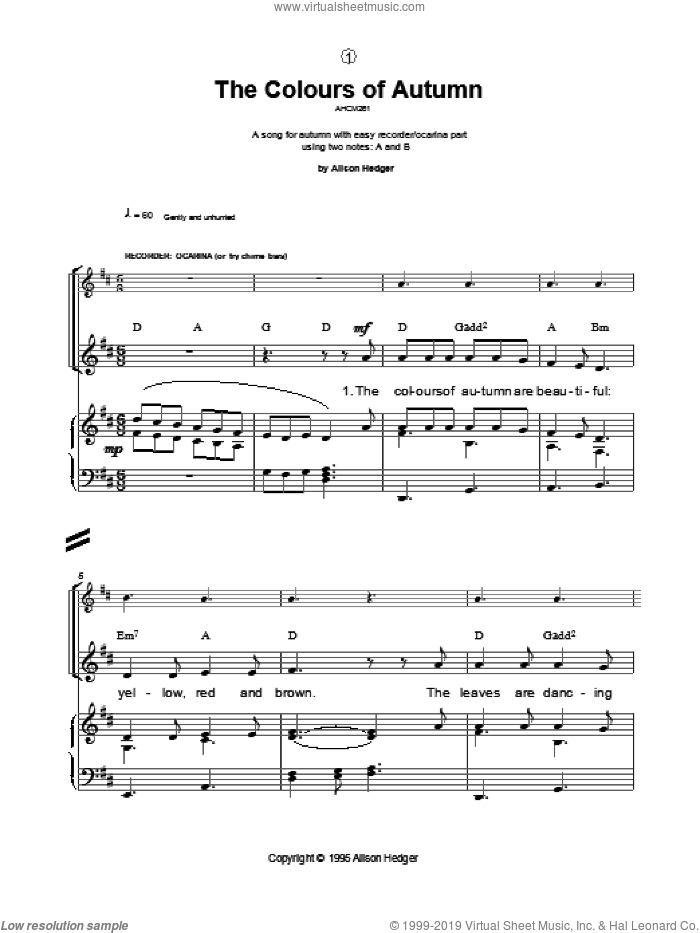 The Colours Of Autumn sheet music for voice, piano or guitar by Alison Hedger, intermediate skill level