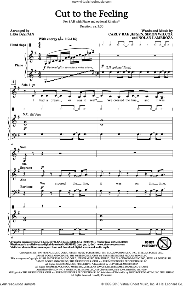 Cut To The Feeling sheet music for choir (SAB: soprano, alto, bass) by Lisa DeSpain, Carly Rae Jepsen, Nolan Lambroza and Simon Wilcox, intermediate skill level
