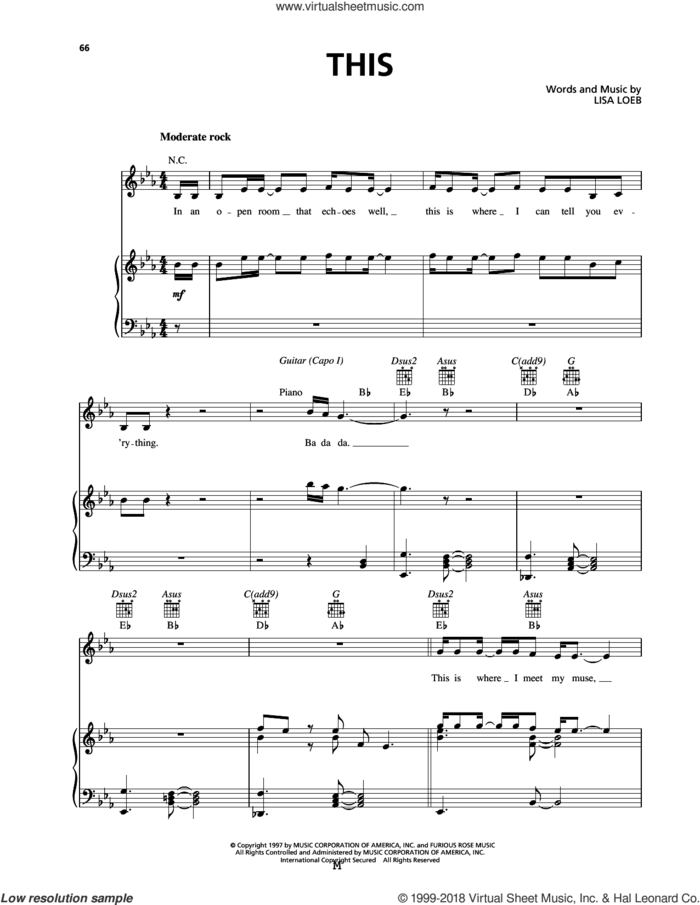 This sheet music for voice, piano or guitar by Lisa Loeb, intermediate skill level
