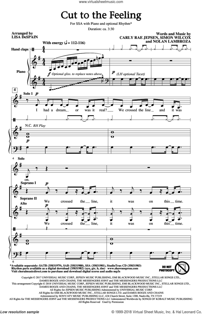 Cut To The Feeling sheet music for choir (SSA: soprano, alto) by Lisa DeSpain, Carly Rae Jepsen, Nolan Lambroza and Simon Wilcox, intermediate skill level