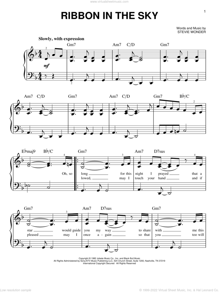 Ribbon In The Sky, (beginner) sheet music for piano solo by Stevie Wonder, beginner skill level