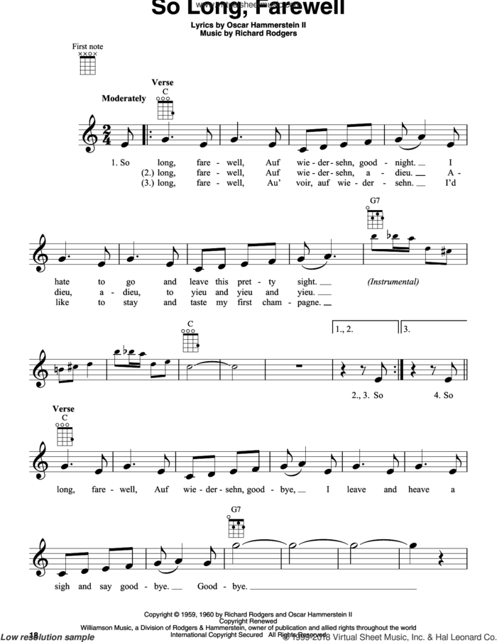 So Long, Farewell (from The Sound of Music) sheet music for ukulele by Rodgers & Hammerstein, Oscar II Hammerstein and Richard Rodgers, intermediate skill level