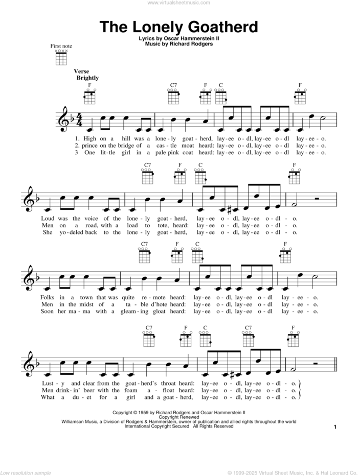 The Lonely Goatherd (from The Sound of Music) sheet music for ukulele by Rodgers & Hammerstein, Oscar II Hammerstein and Richard Rodgers, intermediate skill level