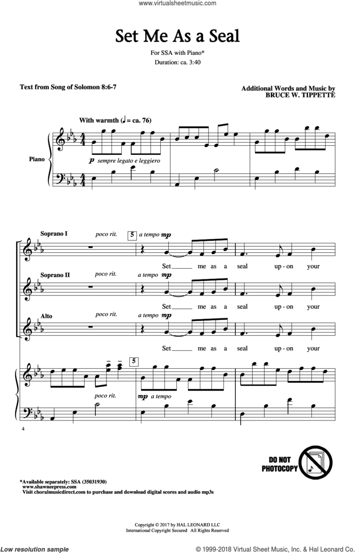 Set Me As A Seal sheet music for choir (SSA: soprano, alto) by Bruce W. Tippette and Song Of Solomon 8:6-7, intermediate skill level