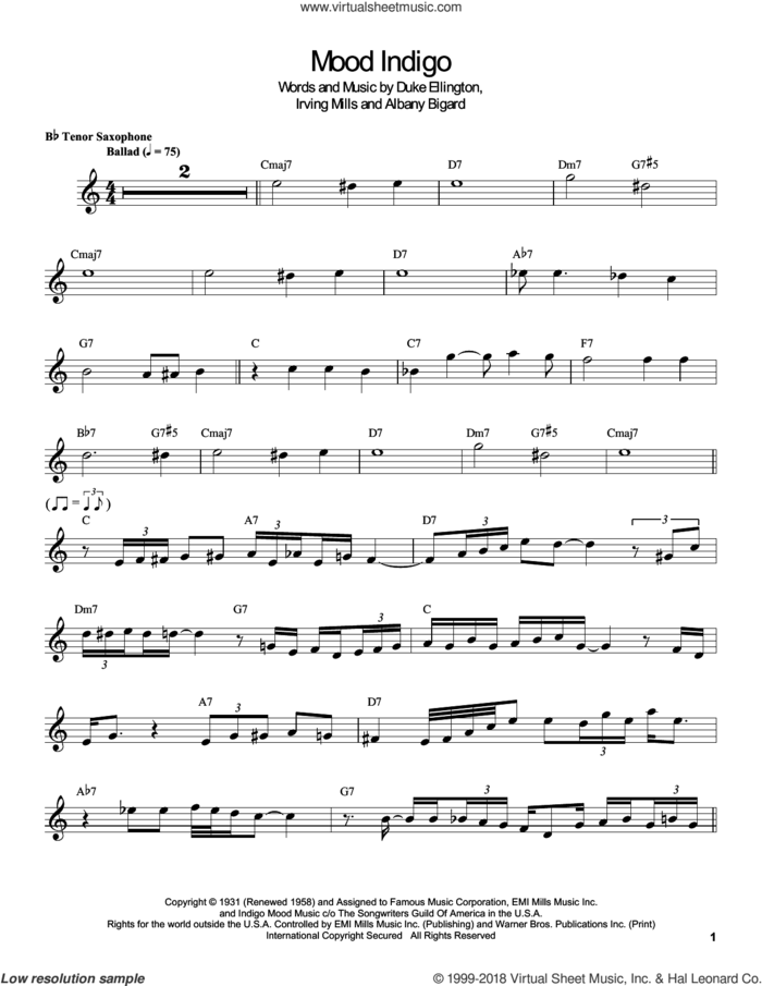 Mood Indigo sheet music for tenor saxophone solo (transcription) by Coleman Hawkins, Albany Bigard, Duke Ellington and Irving Mills, intermediate tenor saxophone (transcription)