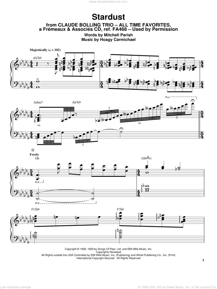 Stardust sheet music for piano solo (transcription) by Claude Bolling and Hoagy Carmichael, intermediate piano (transcription)