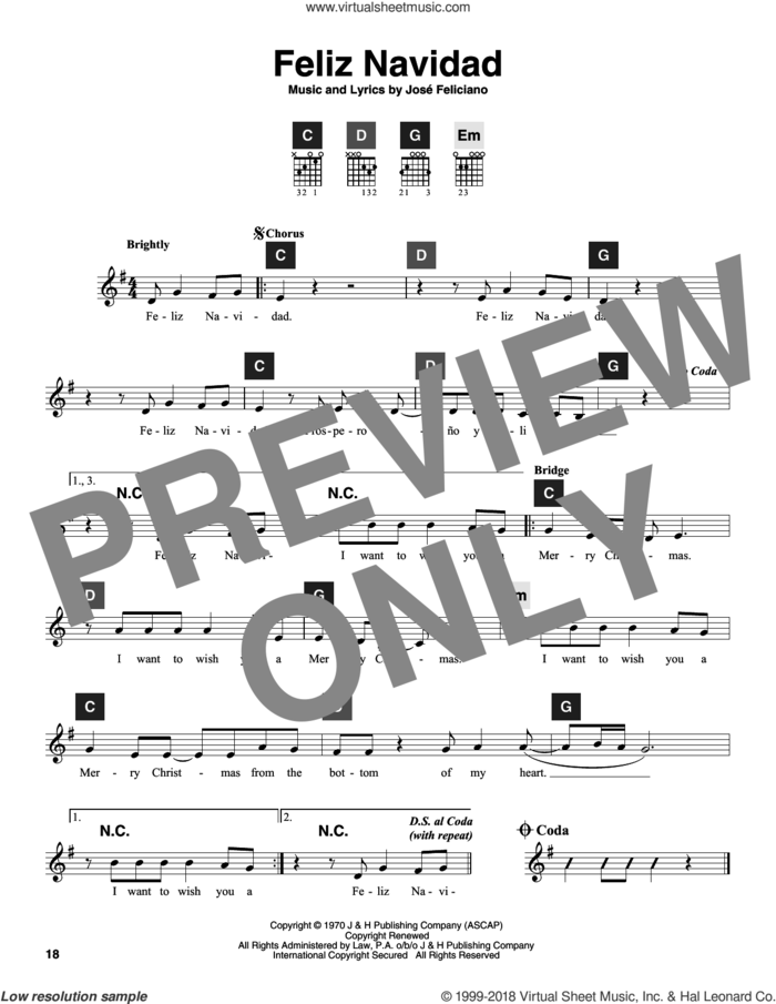 Feliz Navidad sheet music for guitar solo (ChordBuddy system) by Jose Feliciano, intermediate guitar (ChordBuddy system)