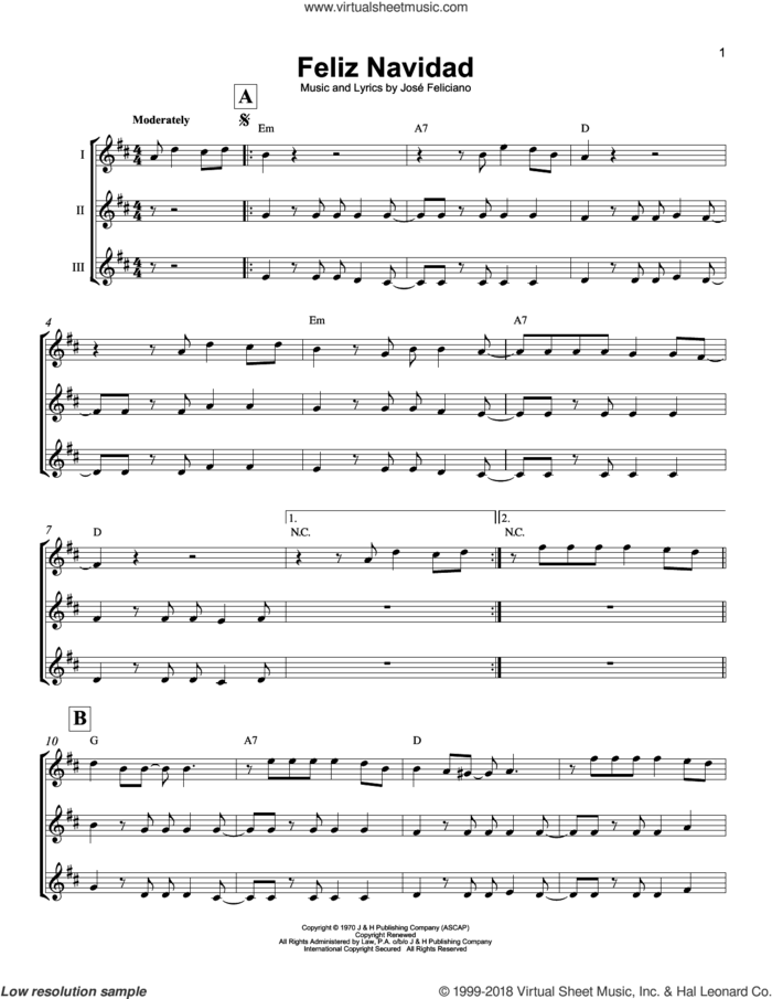 Feliz Navidad sheet music for ukulele ensemble by Jose Feliciano, intermediate skill level
