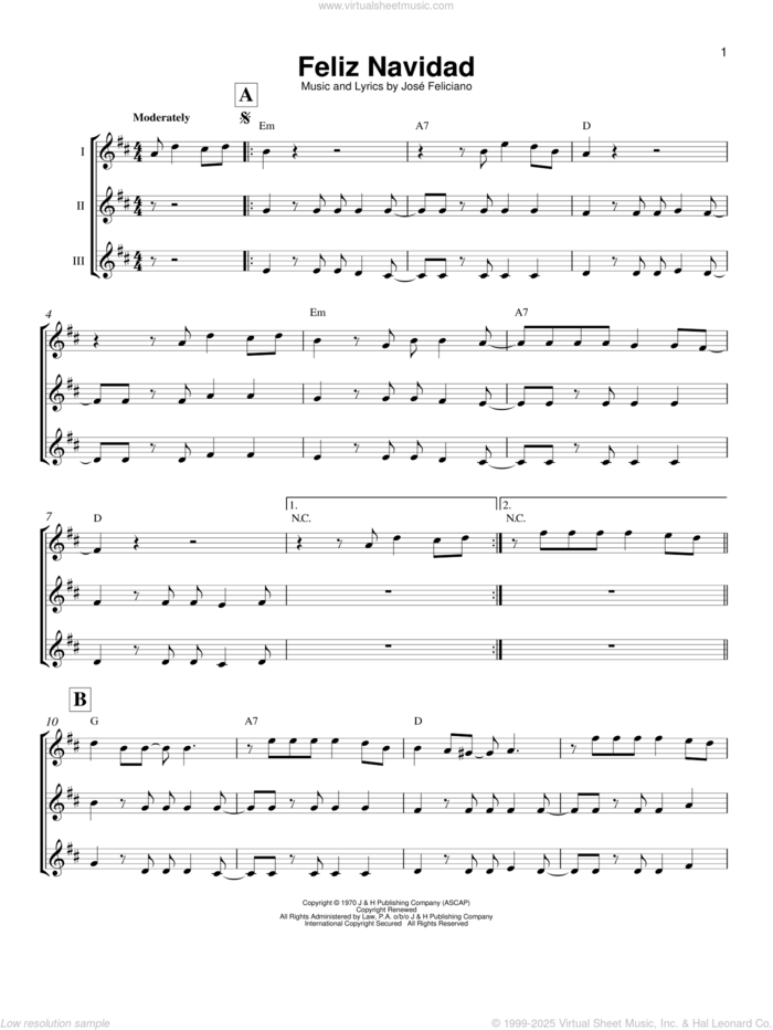 Feliz Navidad sheet music for ukulele ensemble by Jose Feliciano, intermediate skill level