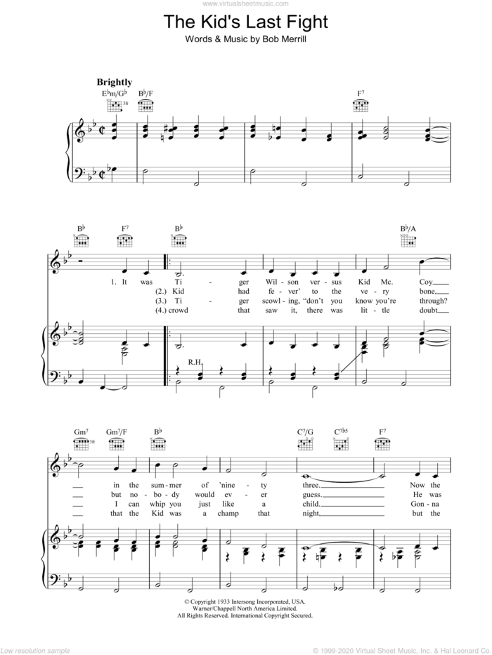 The Kid's Last Fight sheet music for voice, piano or guitar by Bob Merrill, intermediate skill level