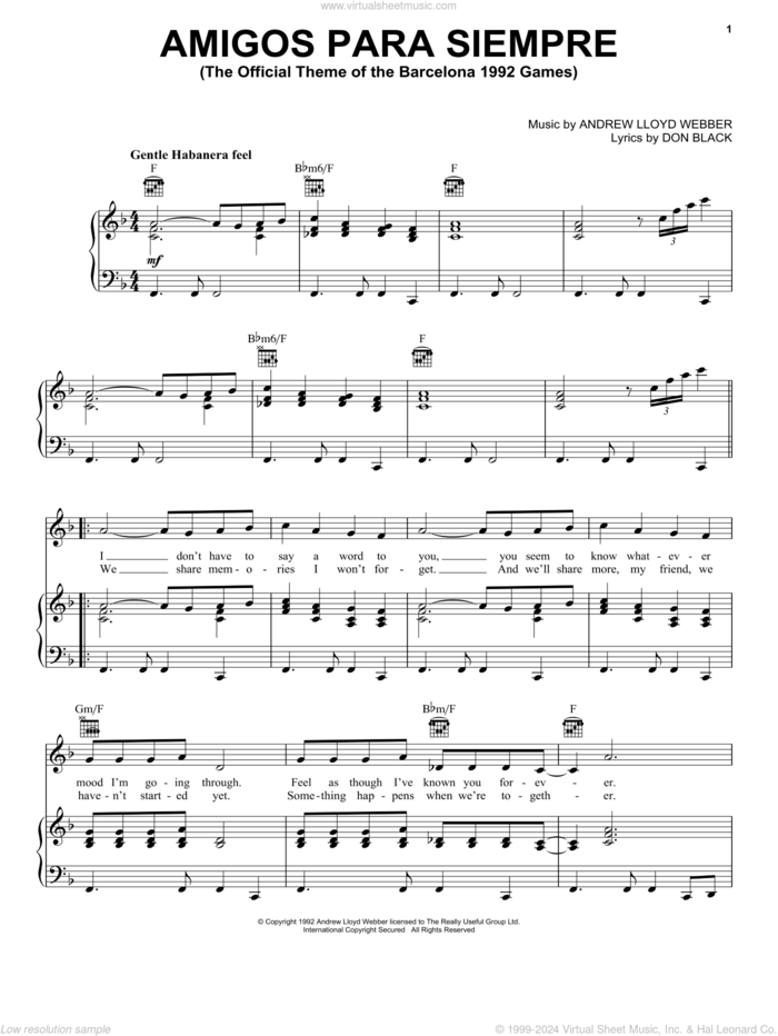 Amigos Para Siempre (Friends For Life) sheet music for voice, piano or guitar by Andrew Lloyd Webber and Don Black, intermediate skill level