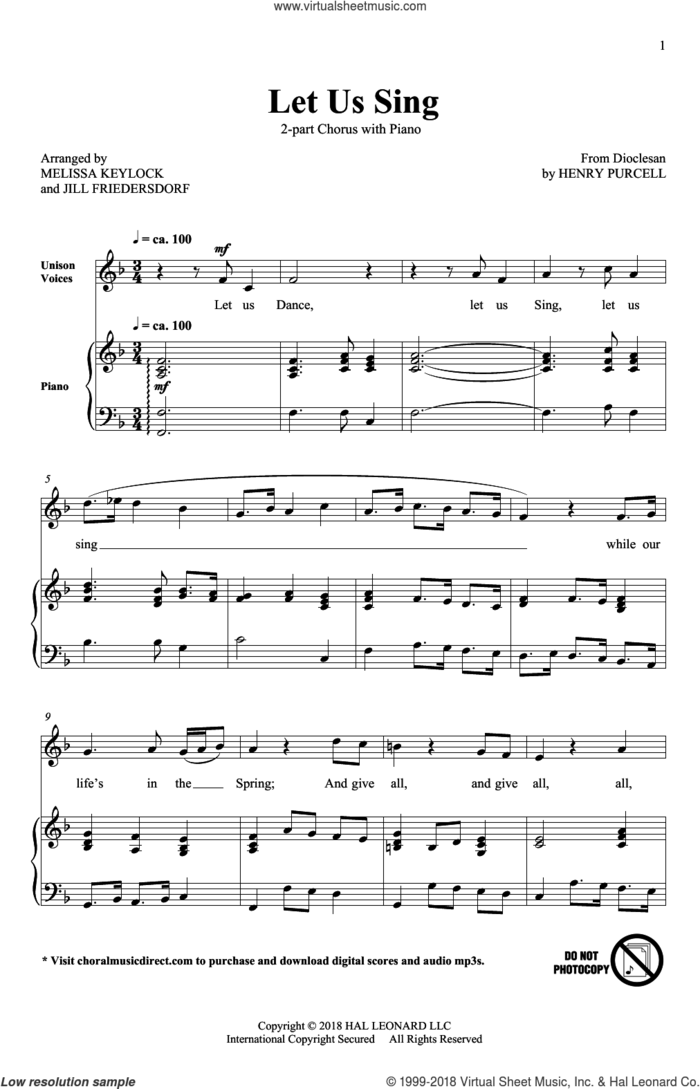 Let Us Sing sheet music for choir (2-Part) by Henry Purcell, Jill Friedersdorf, Melissa Malvar-Keylock, Melissa Keylock and Jill Friedersdorf and Thomas Betterton, intermediate duet