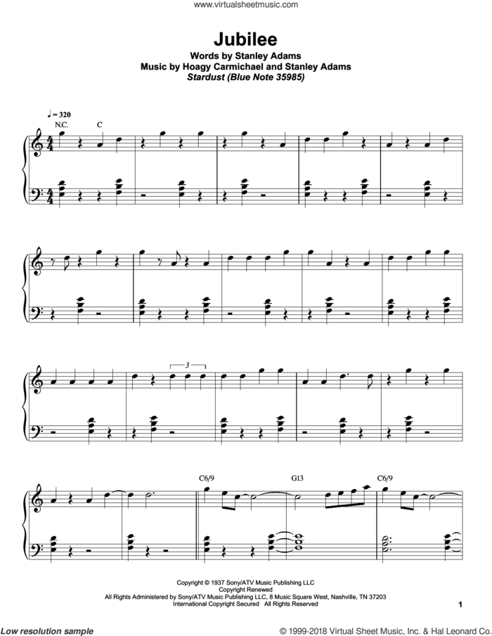 Jubilee sheet music for piano solo (transcription) by Bill Charlap, Hoagy Carmichael and Stanley Adams, intermediate piano (transcription)