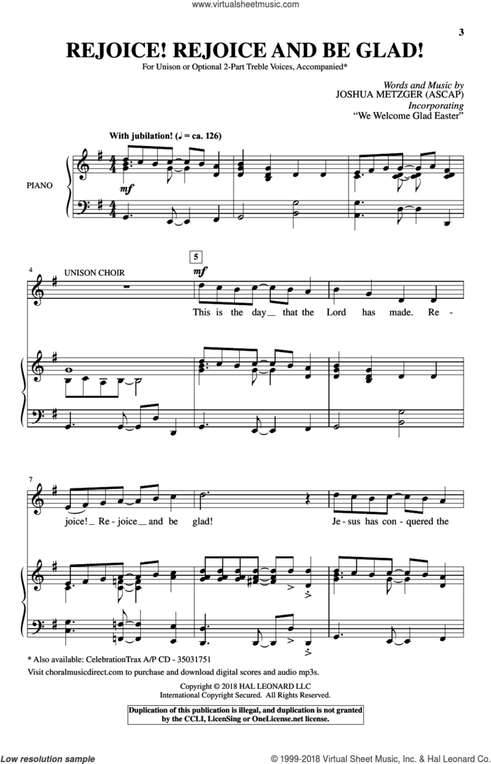 Rejoice! Rejoice And Be Glad! sheet music for choir (Unison) by Joshua Metzger, intermediate skill level
