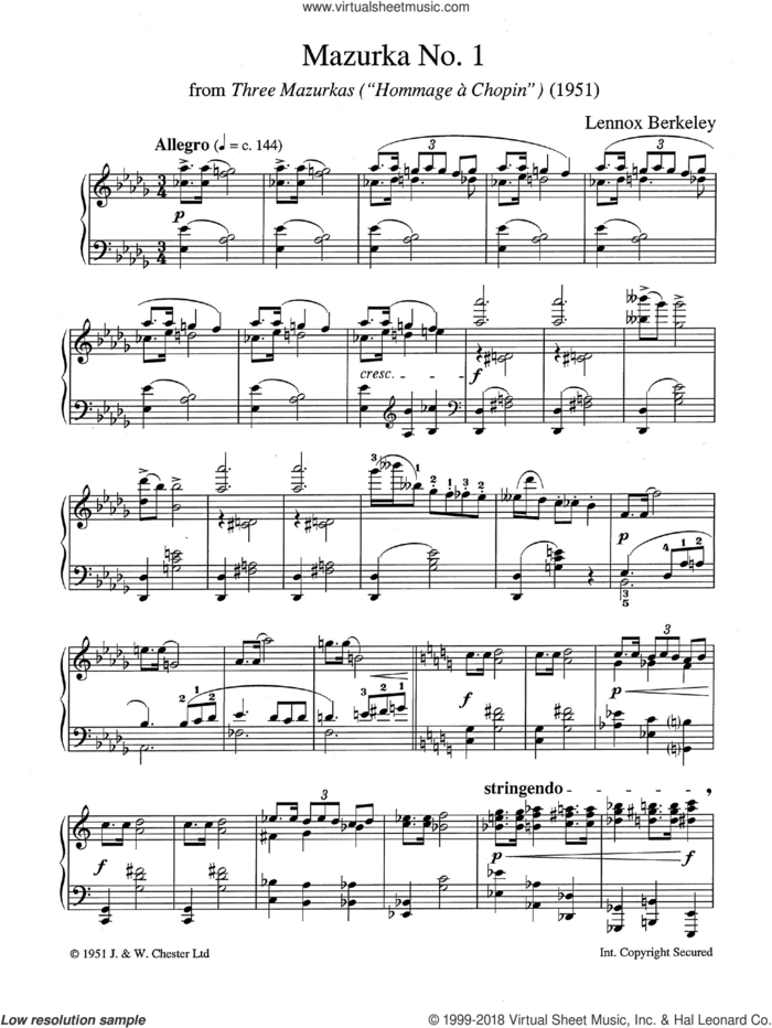 Mazurka No. 1 (from 'Three Mazurkas') sheet music for piano solo by Lennox Berkeley, classical score, intermediate skill level