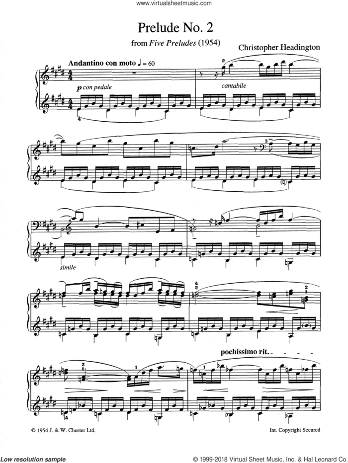 Prelude No. 2 (from 'Five Preludes') sheet music for piano solo by Christopher Headington, classical score, intermediate skill level