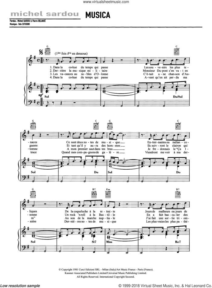 Musica sheet music for voice, piano or guitar by Michel Sardou and Salvatore Cutugno, intermediate skill level