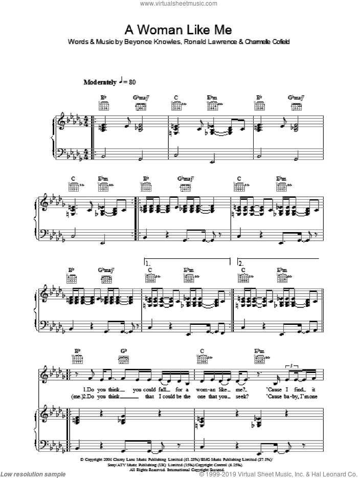 A Woman Like Me sheet music for voice, piano or guitar by Beyonce, Charmelle Cofield and Ronald Lawrence, intermediate skill level