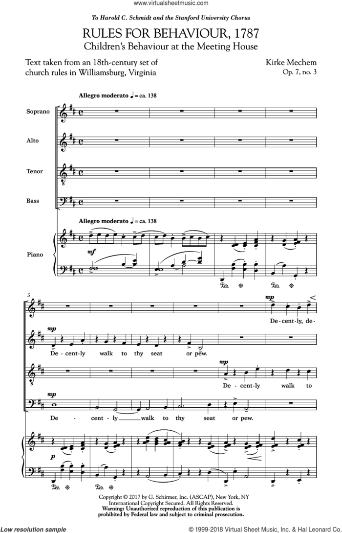 Rules For Behaviour, 1787 sheet music for choir (SATB: soprano, alto, tenor, bass) by Kirke Mechem, intermediate skill level