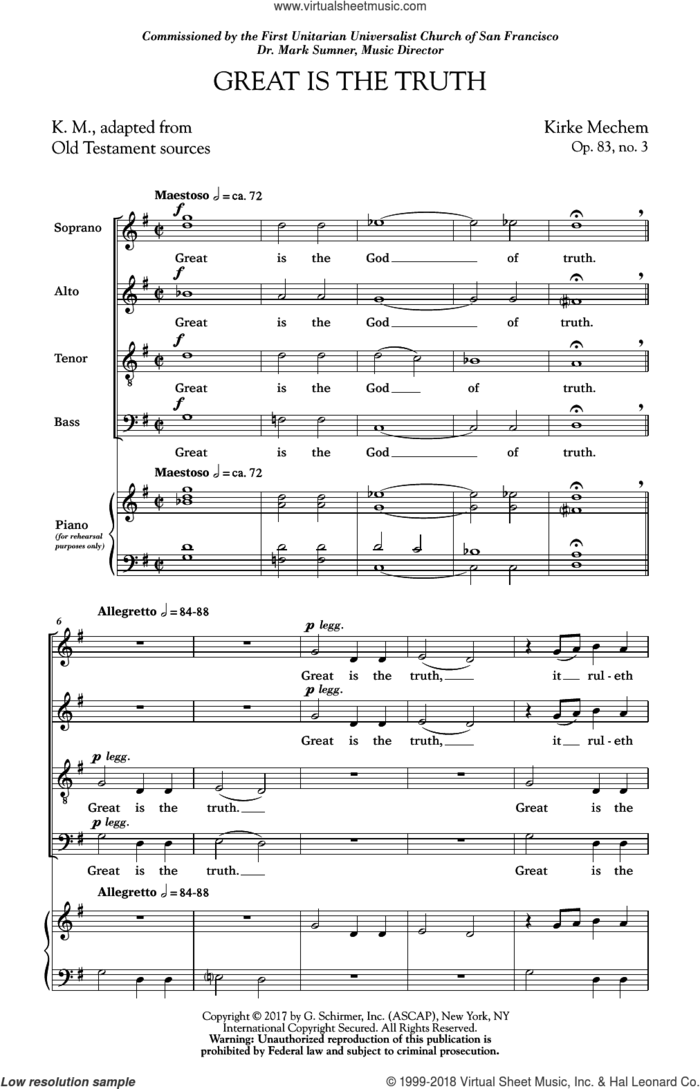 Great Is The Truth sheet music for choir (SATB: soprano, alto, tenor, bass) by Kirke Mechem, intermediate skill level