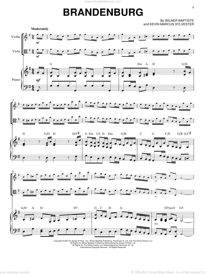 Brandenburg sheet music for viola, violin and piano by Black Violin, Kevin Marcus Sylvester and Wilner Baptiste, intermediate skill level