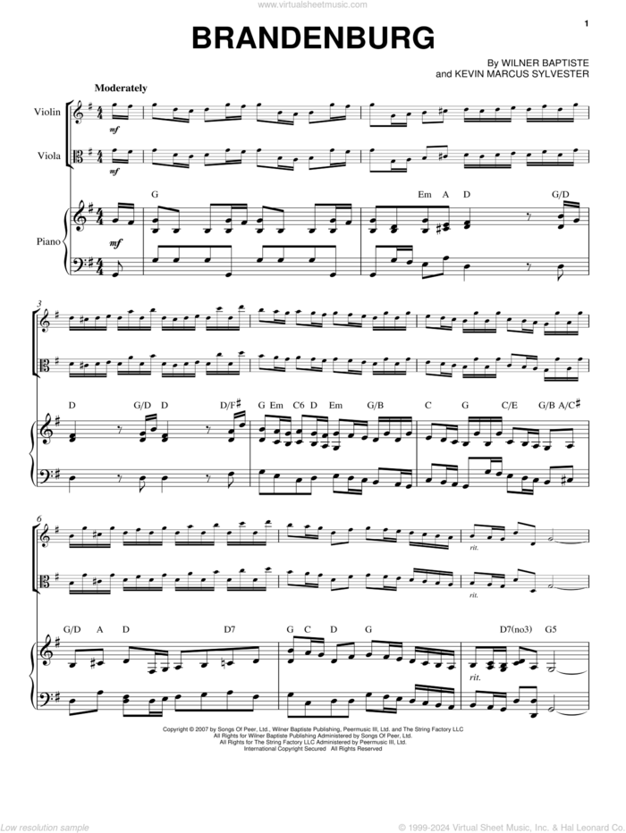 Brandenburg sheet music for viola, violin and piano by Black Violin, Kevin Marcus Sylvester and Wilner Baptiste, intermediate skill level