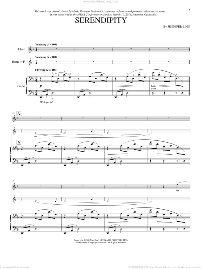 Serendipity sheet music for flute, french horn and piano by Jennifer Linn, classical score, intermediate skill level