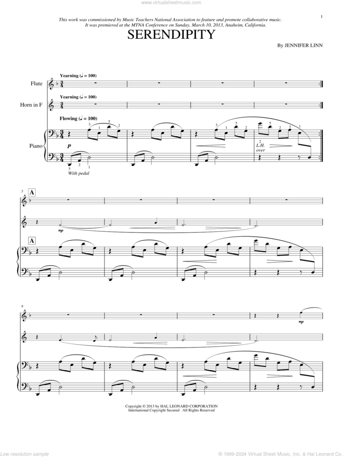 Serendipity sheet music for flute, french horn and piano by Jennifer Linn, classical score, intermediate skill level