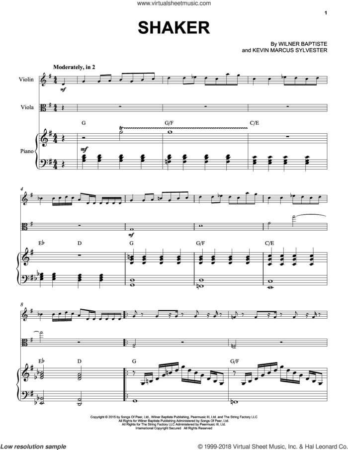 Shaker sheet music for viola, violin and piano by Black Violin, Kevin Marcus Sylvester and Wilner Baptiste, intermediate skill level