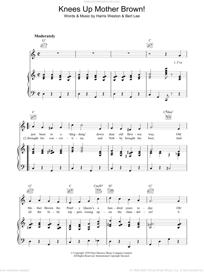 Knees Up Mother Brown sheet music for voice, piano or guitar by Bert Lee and Harris Weston, intermediate skill level
