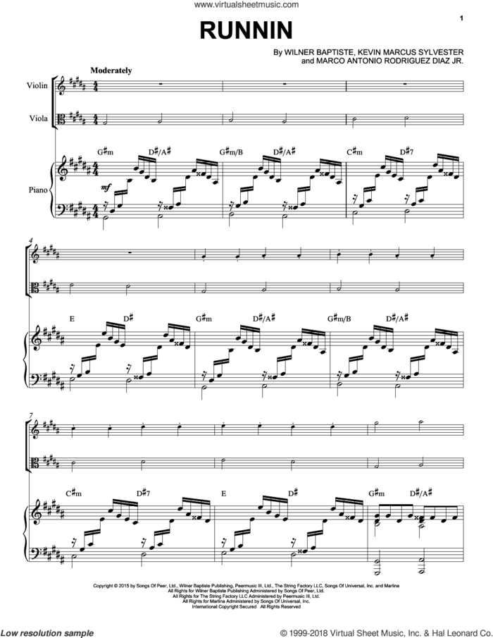 Runnin sheet music for viola, violin and piano by Black Violin, Kevin Marcus Sylvester, Marco Antonio Rodriguez Diaz and Wilner Baptiste, intermediate skill level