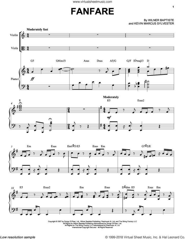 Fanfare sheet music for viola, violin and piano by Black Violin, Kevin Marcus Sylvester and Wilner Baptiste, intermediate skill level